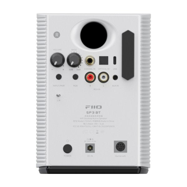 FiiO SP3 BT active desktop speakers, white, rear panel