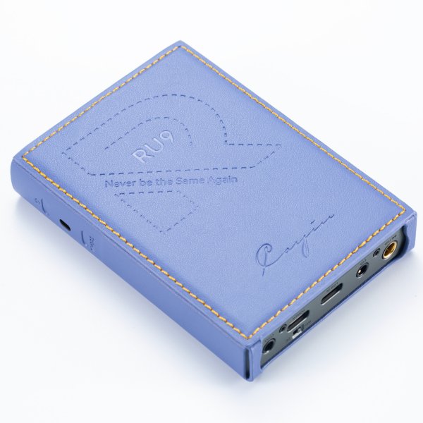 Cayin RU9 portable DAC and headphone amp, in blue leather case, back