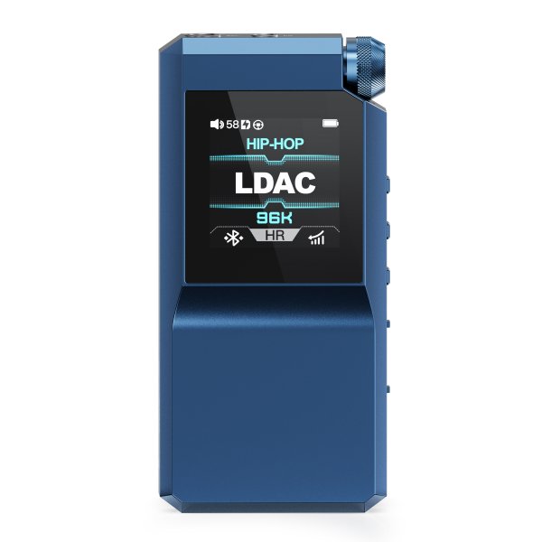 FiiO BTR17 Bluetooth DAC and headphone amp, blue, front with screen