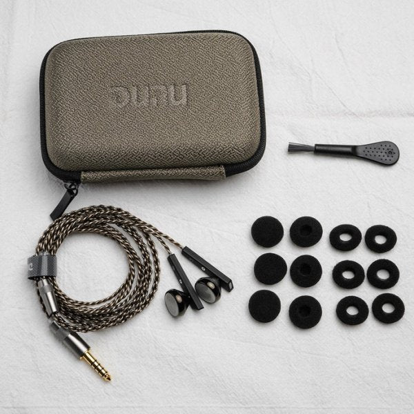 DUNU Alpha 3 flat-head earbuds, carry case, cable and foam covers