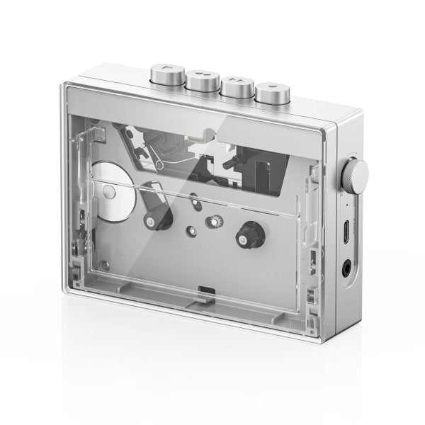 FiiO CP13 cassette player, transparent, angled