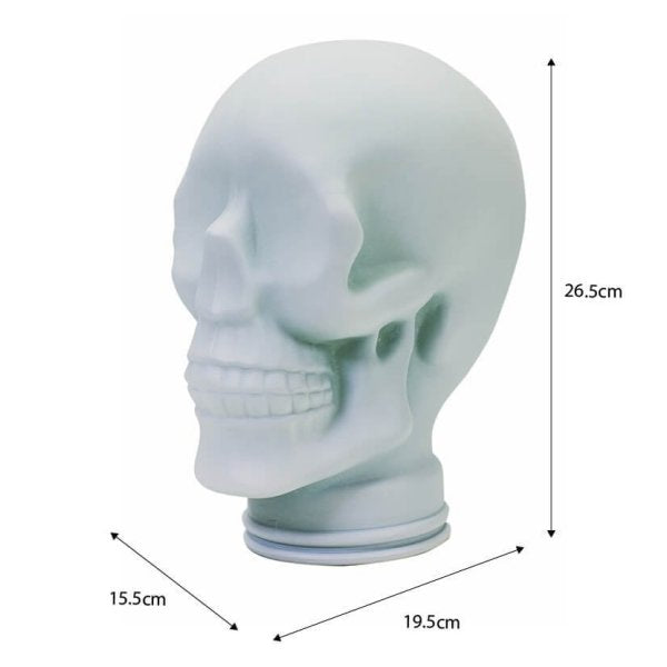 AMP3 glass skull headphone stand, white, with dimensions