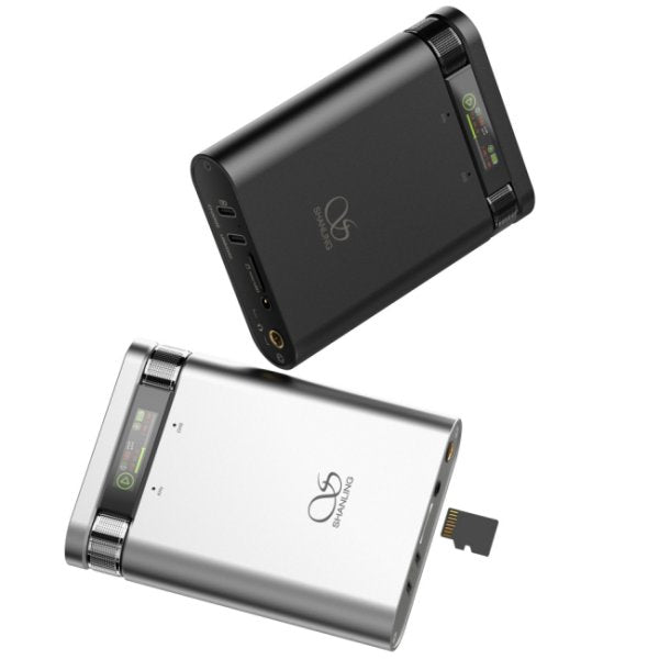 Shanling H2 portable DAC and headphone amp, black and silver, angled