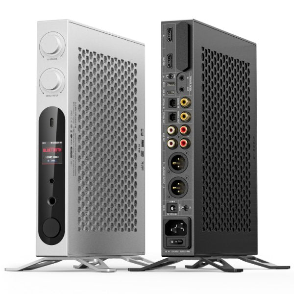 FiiO K19 desktop DAC and headphone amp, silver and black, standing