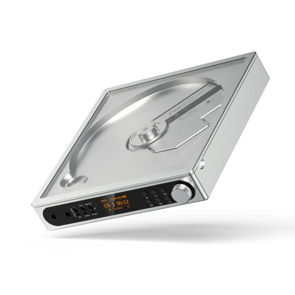 FiiO DM15 R2R CD player, silver, angled with lid