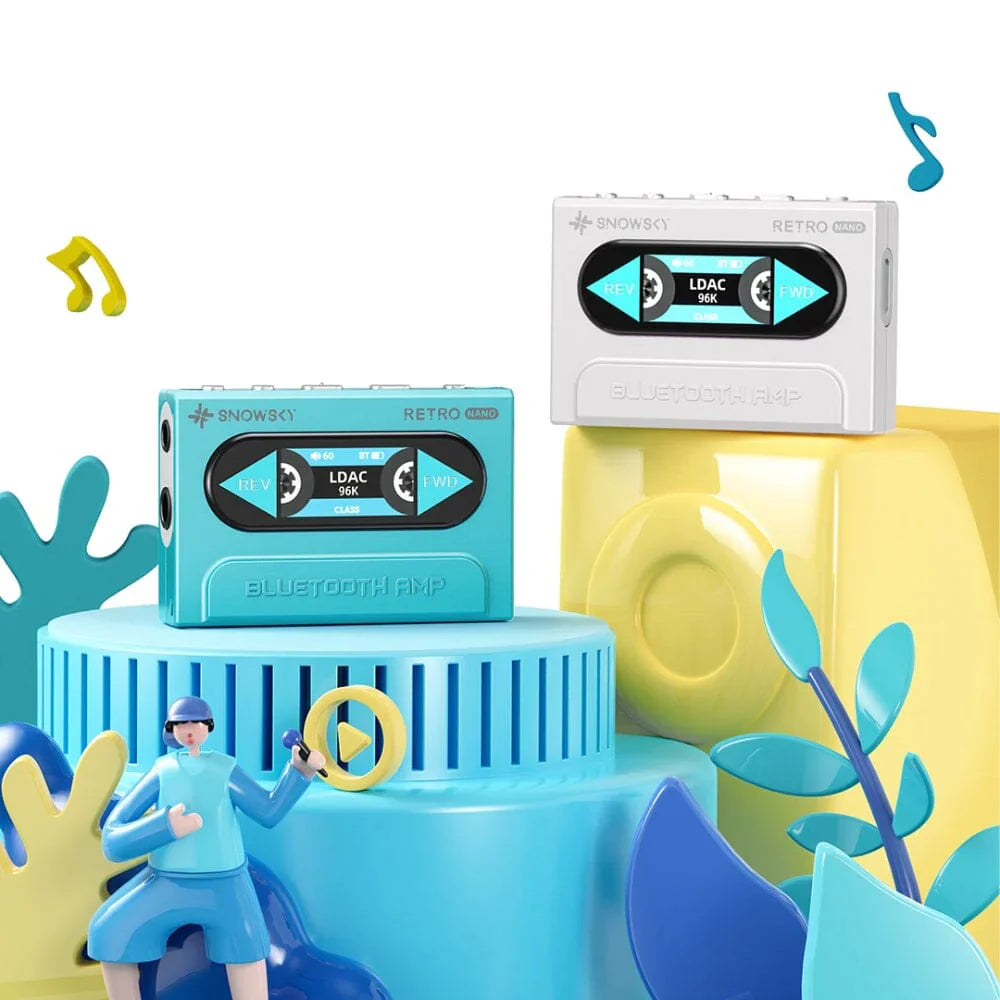 FiiO Snowsky Retro Nano Bluetooth DAC and amp, blue and white in a colourful scene