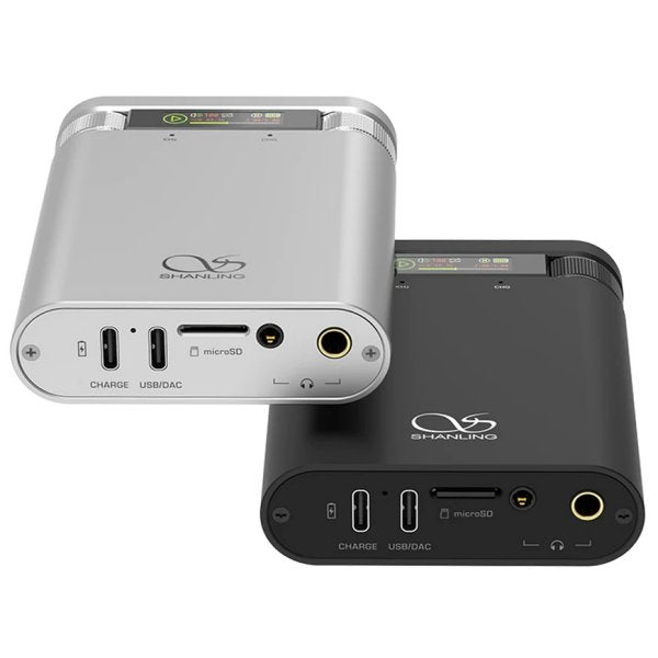 Shanling H2 portable DAC and headphone amp, silver and black, ends with sockets