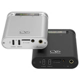 Shanling H2 portable DAC and headphone amp, silver and black, ends with sockets