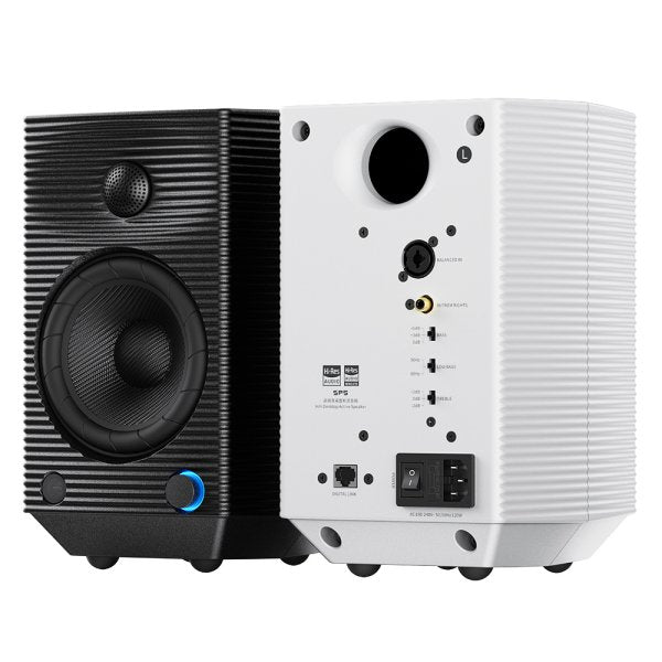 FiiO SP5 active desktop speakers, black and white