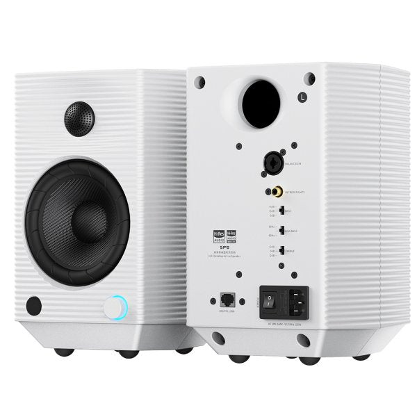 FiiO SP5 active desktop speakers, white, front and back