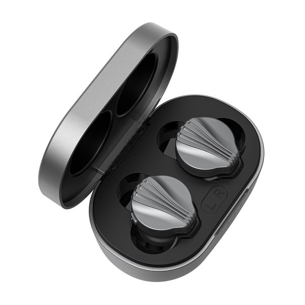 FiiO FW3 true wireless earphones, grey, case angled