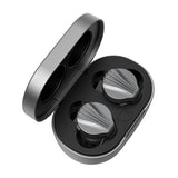 FiiO FW3 true wireless earphones, grey, case angled