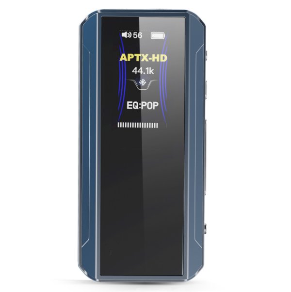 FiiO BTR13 Bluetooth headphone amp, blue, front with screen
