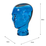 AMP3 glass head headphone stand, blue, with dimensions