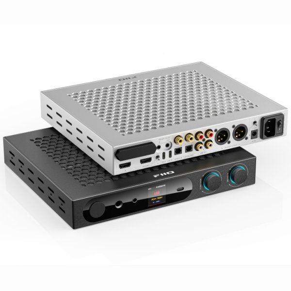 FiiO K19 desktop DAC and headphone amp, silver on top of black