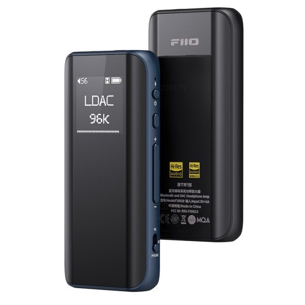 FiiO BTR15 Bluetooth headphone amp, black, front and back