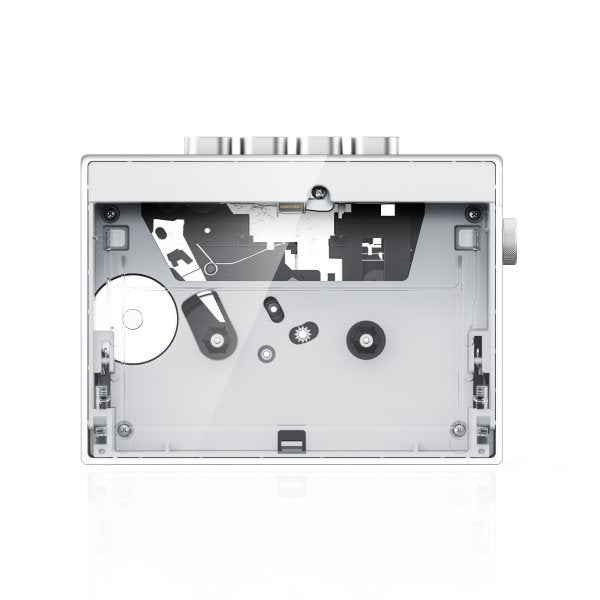 FiiO CP13 cassette player, transparent, showing the tape mechanism