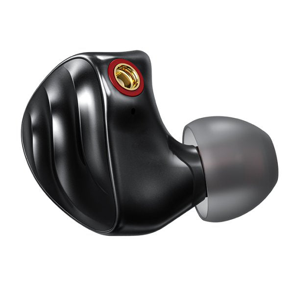 FiiO FH3 in-ear monitors, black, close-up with ear tip