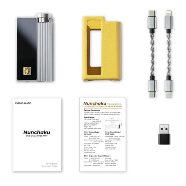 iBasso Nunchaku portable DAC and tube amp, grey, box contents