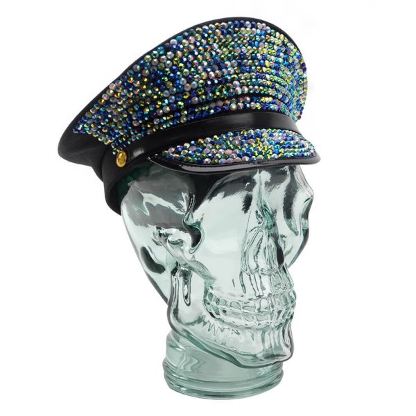 AMP3 glass skull headphone stand, clear, wearing a cap