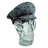 AMP3 glass skull headphone stand, clear, wearing a cap