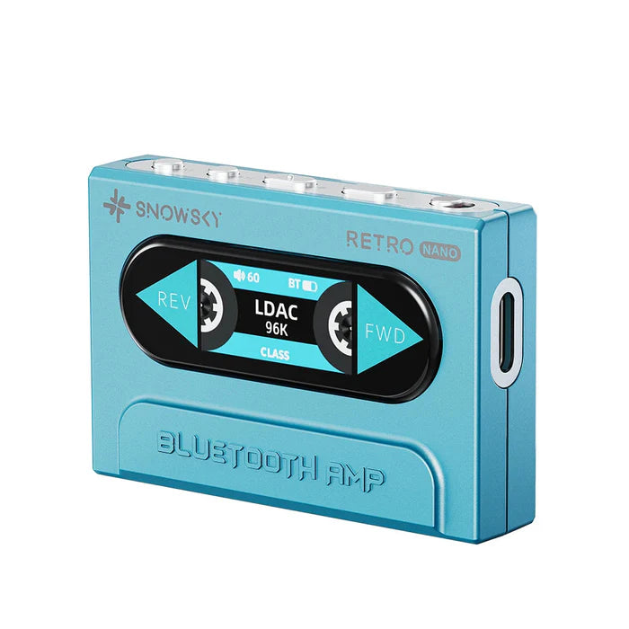FiiO Snowsky Retro Nano Bluetooth DAC and amp, blue, front with tape-style screen