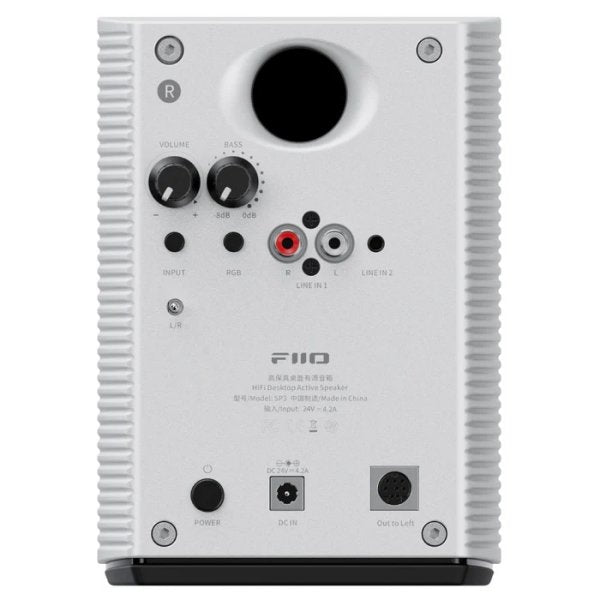 FiiO SP3 active desktop speakers, white, rear panel
