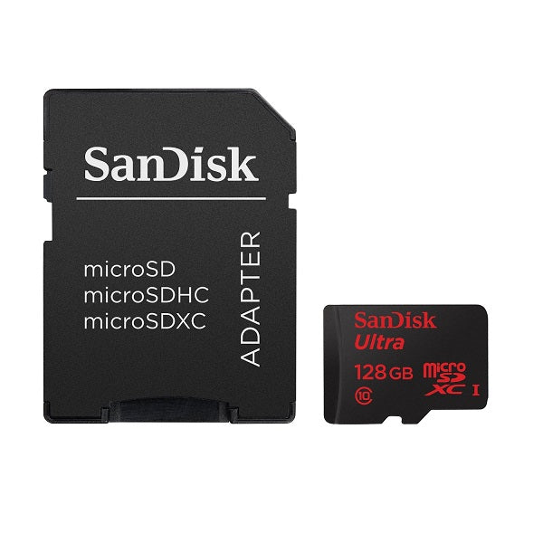 SanDisk Ultra 128 GB microSDXC card, with SD adapter