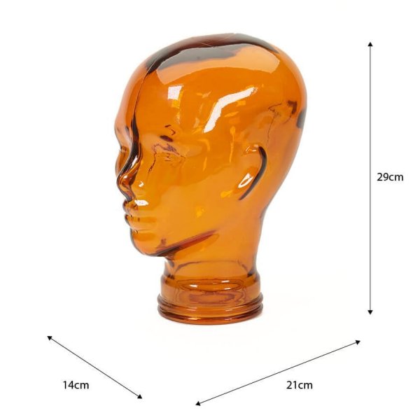 AMP3 glass head headphone stand, orange, with dimensions