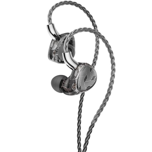 FiiO FA19 balanced-armature in-ear monitors, angled with cable