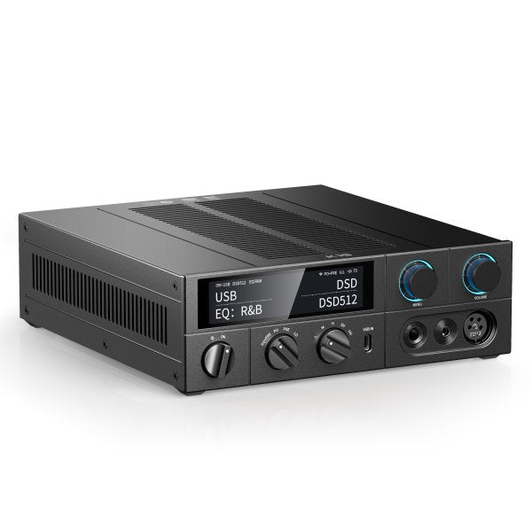 FiiO K15 desktop DAC and headphone amp, black, angled