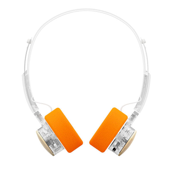 FiiO EH11 Bluetooth on-ear headphones, transparent with orange pads, front