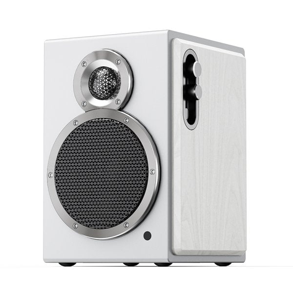 FiiO SA1 desktop active speakers, white, angled