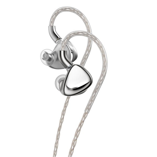FiiO FX17 tribrid in-ear monitors, silver, angled