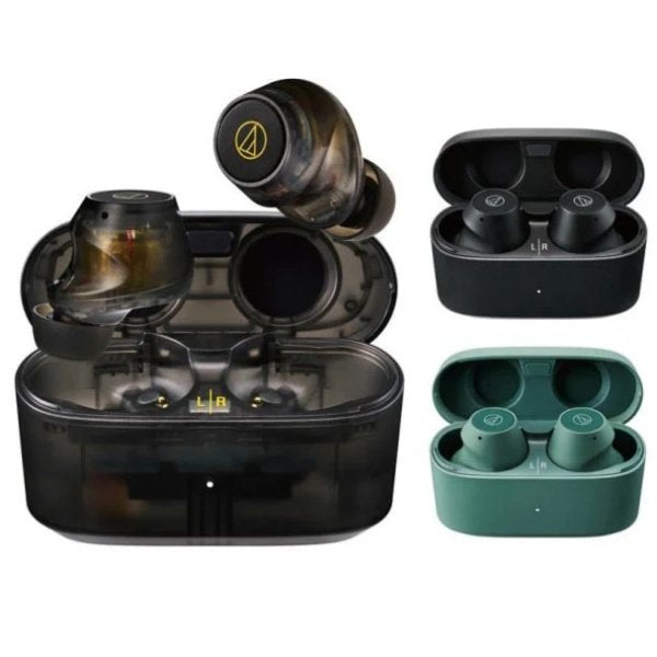 Audio-Technica ATH-CKS30TW+ wireless earbuds, translucent black, black and green