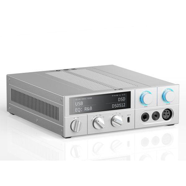 FiiO K15 desktop DAC and headphone amp, silver, angled