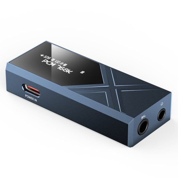 FiiO KA17 USB dongle DAC and amp, blue, lying flat with sockets