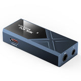 FiiO KA17 USB dongle DAC and amp, blue, lying flat with sockets