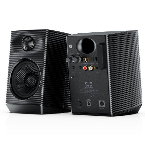 FiiO SP3 BT active desktop speakers, black pair, front and back
