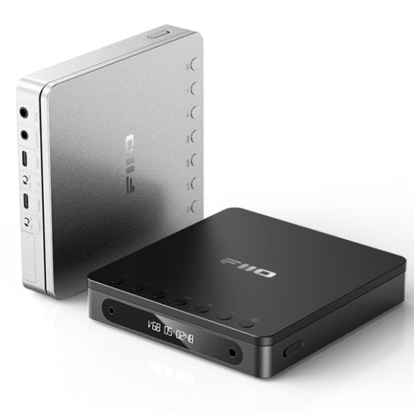 FiiO DM13 portable CD player, silver standing and black lying flat