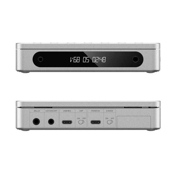 FiiO DM13 portable CD player, silver, front and rear panels