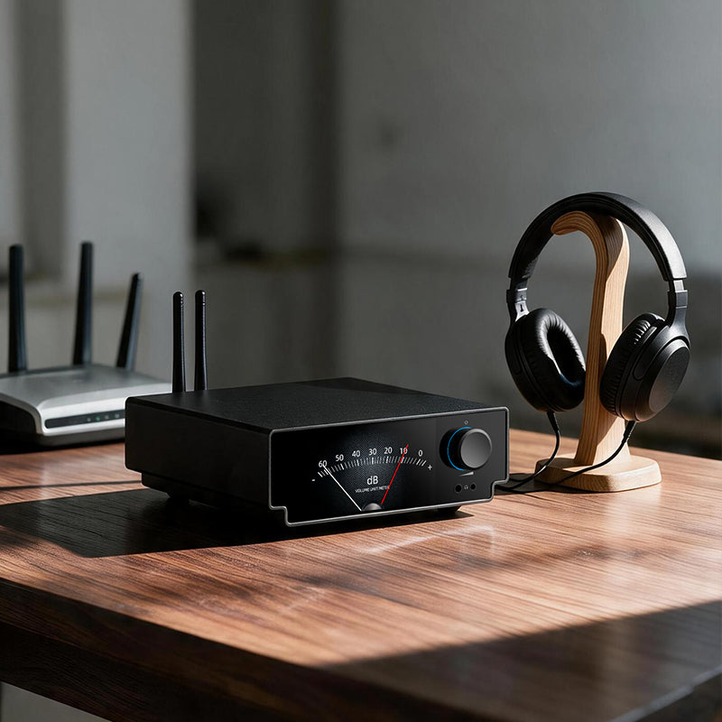 Shanling SM50 in black on a table beside headphones, with VU meters on its screen