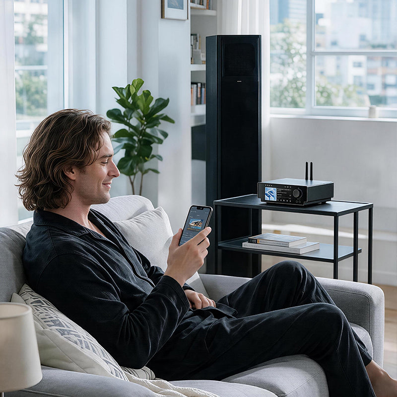 Shanling SM50 in black on a side table, played from a phone
