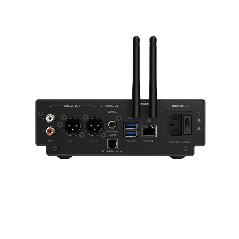 Shanling SM50 in black, rear panel with RCA and XLR outputs, coaxial, USB, Ethernet and mains connections