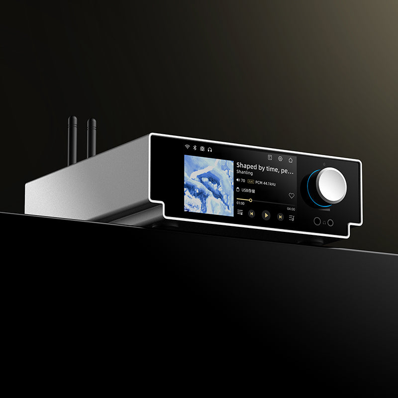 Shanling SM50 in silver, angled to show the aluminium case and touchscreen