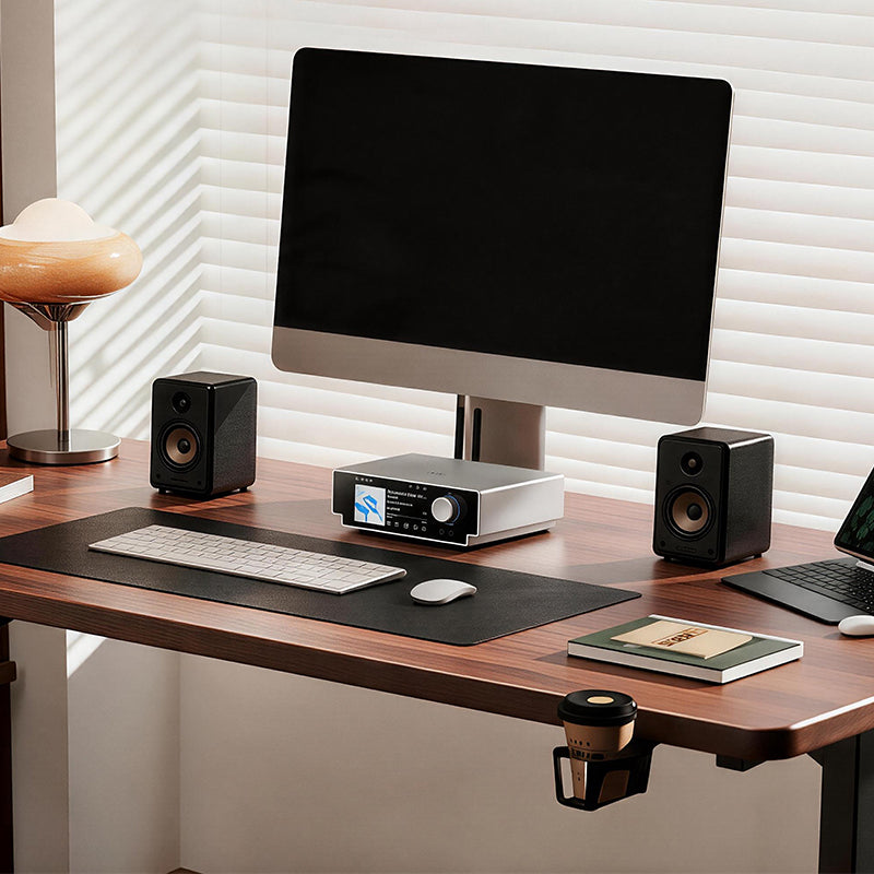 Shanling SM50 in silver on a desk between two bookshelf speakers