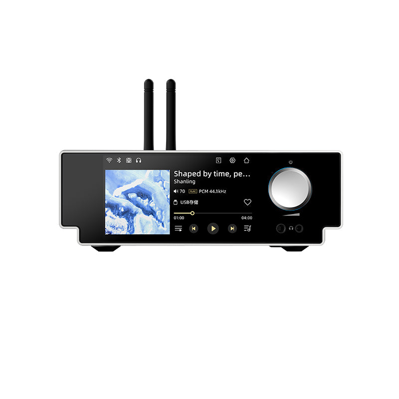 Shanling SM50 in silver, front, with its 4.5-inch touchscreen and volume knob