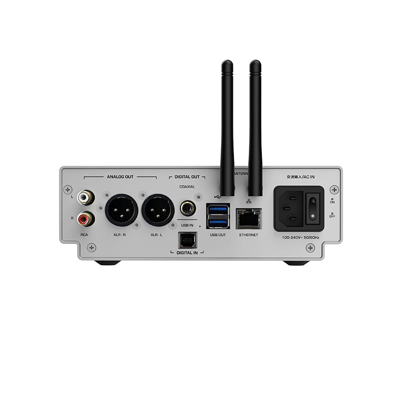 Shanling SM50 in silver, rear panel with RCA and XLR outputs, coaxial, USB, Ethernet and mains connections